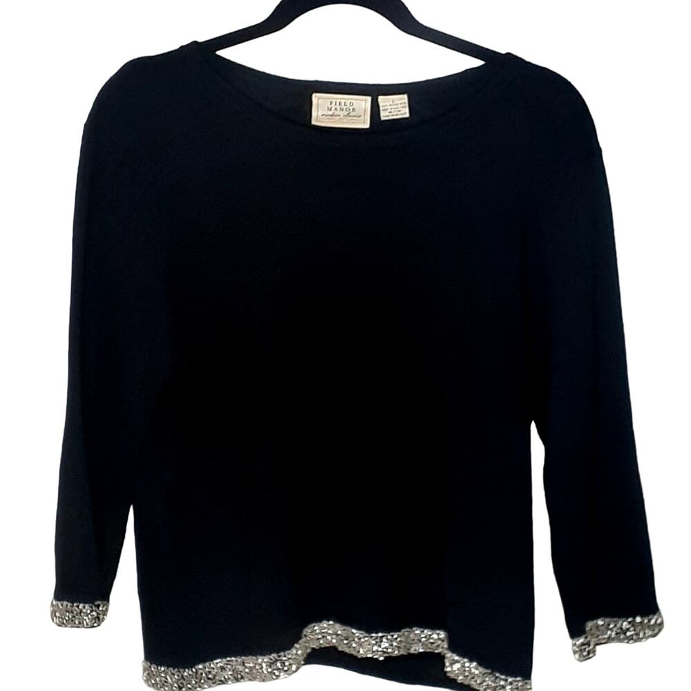 Field Manor Ladies Sweater Size Large Merino Wool Black & Silver Vintage